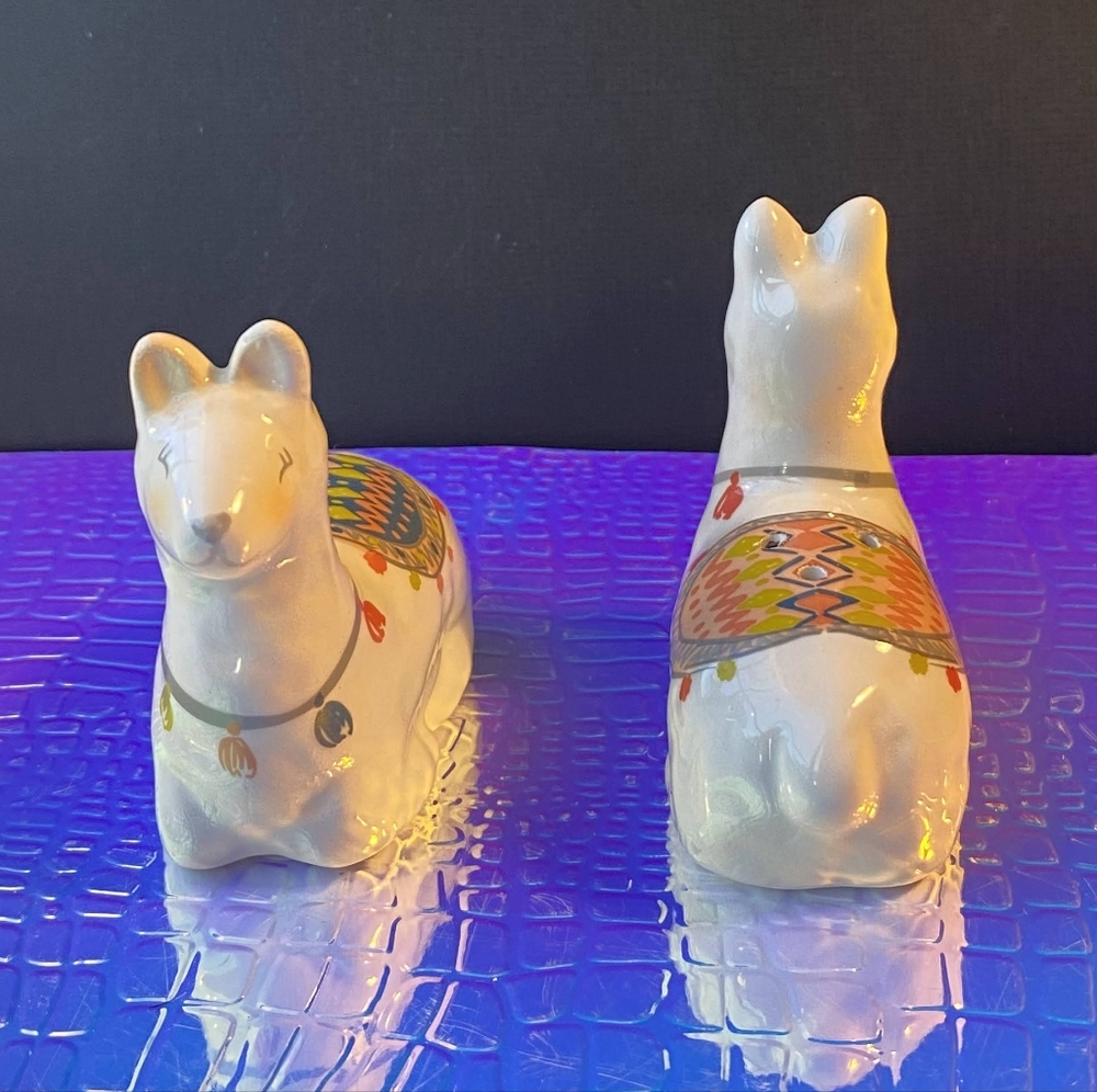 Hand-Painted Ceramic Llama Figurines - White with Multicolor Saddle